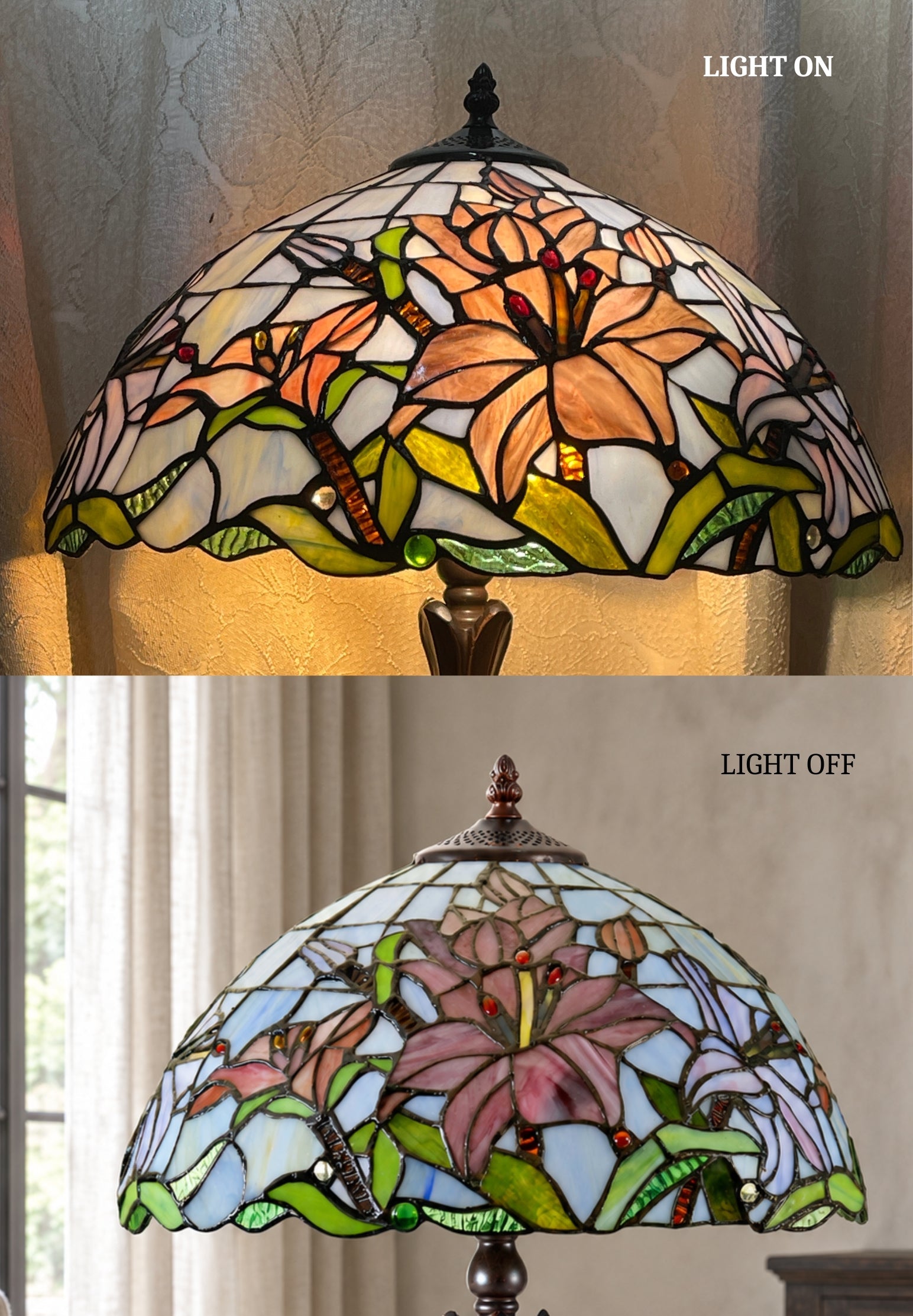 Large 16" Oriental Lily Style Stained Glass Leadlight Tiffany  Table Lamp