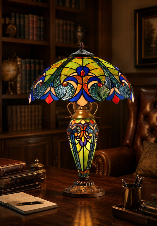 Limited Edition 16" Large Amor Multicolor Victorian-Style Double-Light Tiffany Table Lamp