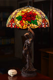 Huge 20" Red Camellia  Stained Glass Tiffany Table Lamp with Lady peacock Base