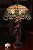 Huge 20" Ocean Blue Art Nouveau Lady Lamp – Handcrafted Stained Glass with Crystal Fringe