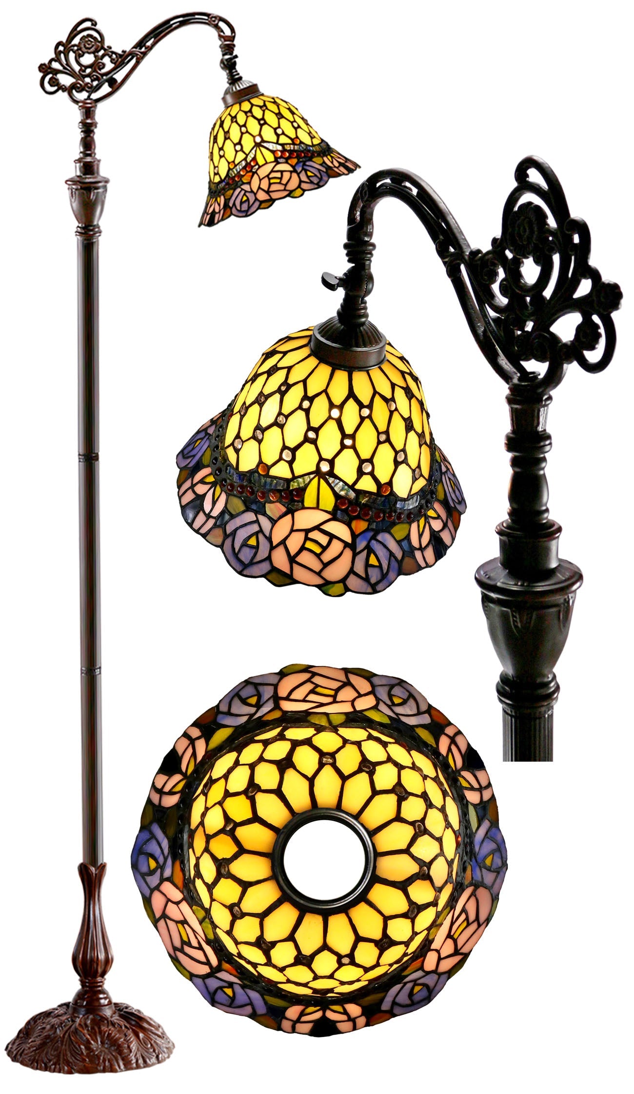 Jeweled Rose Leadlight Stained Glass Bridge Arm Tiffany  Floor Lamp