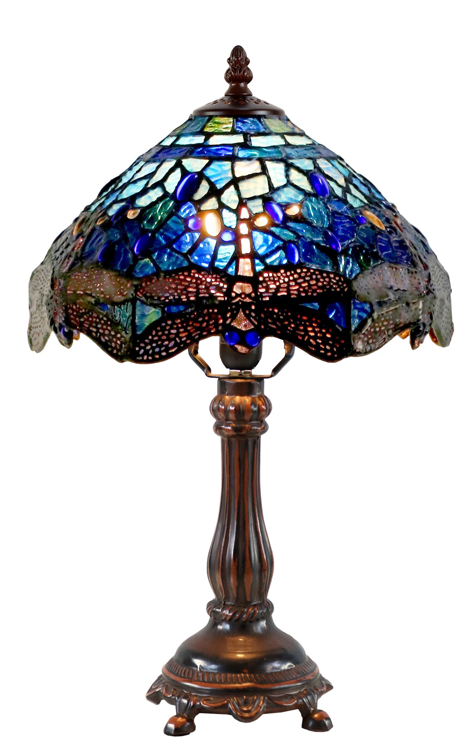 10"  Traditional Blue Dragonfly Style Tiffany Bedside Lamp