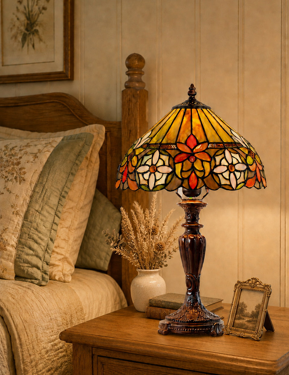 12" Decorative Floral Victorian-Style Tiffany Bedside Lamp