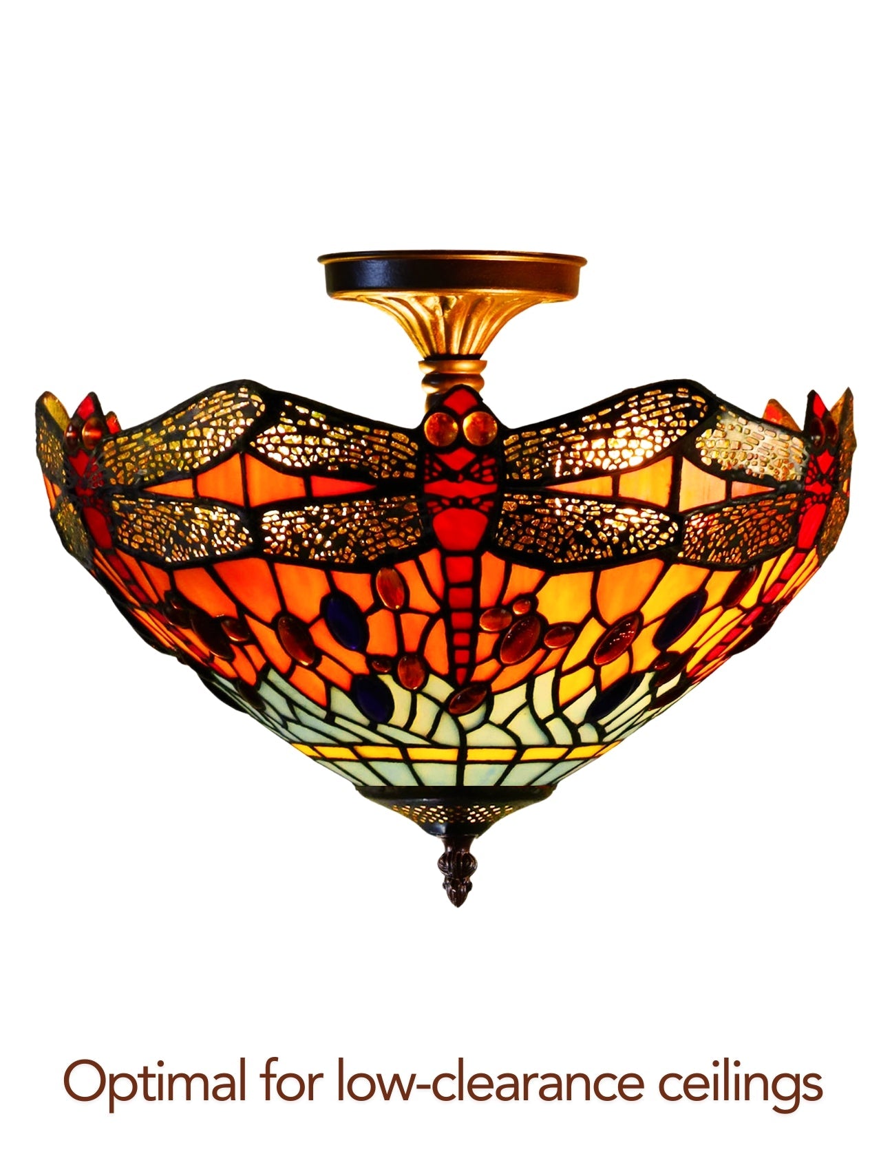 14" Red Dragonfly style Tiffany  Uplighter Ceiling Light *Perfect for low ceilings