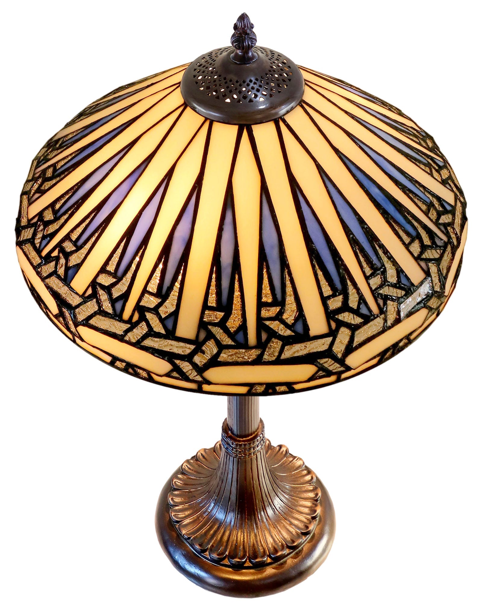 Modern Geometric Tiffany Table Lamp – White and light blue Stained Glass