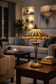 Modern Geometric Tiffany Table Lamp – White and light blue Stained Glass