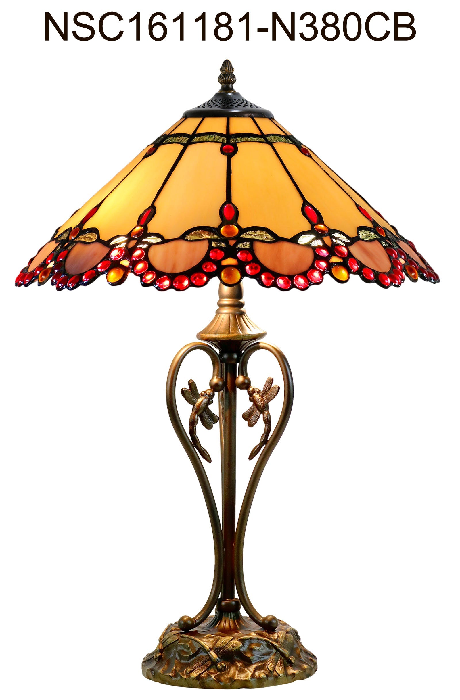16" Handcrafted Tiffany-style stained glass Table Lamp with with red jewel accents