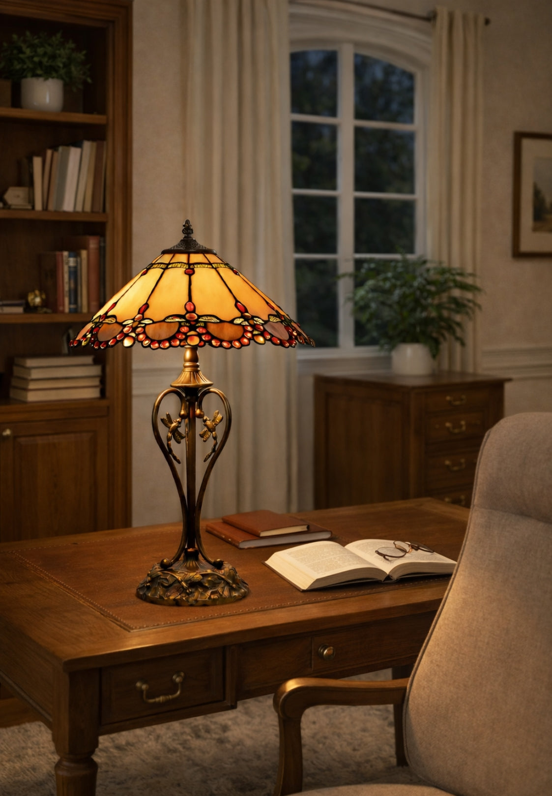 16" Handcrafted Tiffany-style stained glass Table Lamp with with red jewel accents