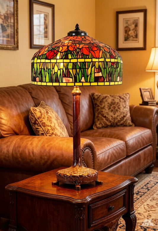 Limited Edition@18" Tiffany Red Tulip Stained Glass Table Lamp