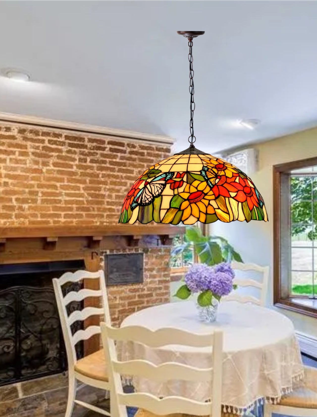 18" Butterfly sunflower  Stained Glass Leadlight Tiffany Pendant Light