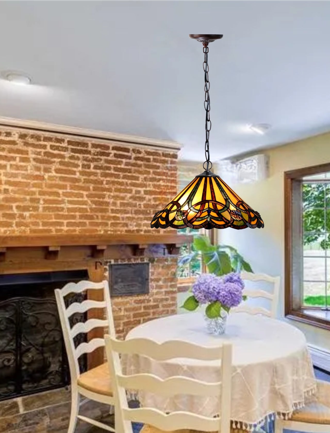16" Victorian Style Vintage Tiffany Stained Glass Pendant Light
