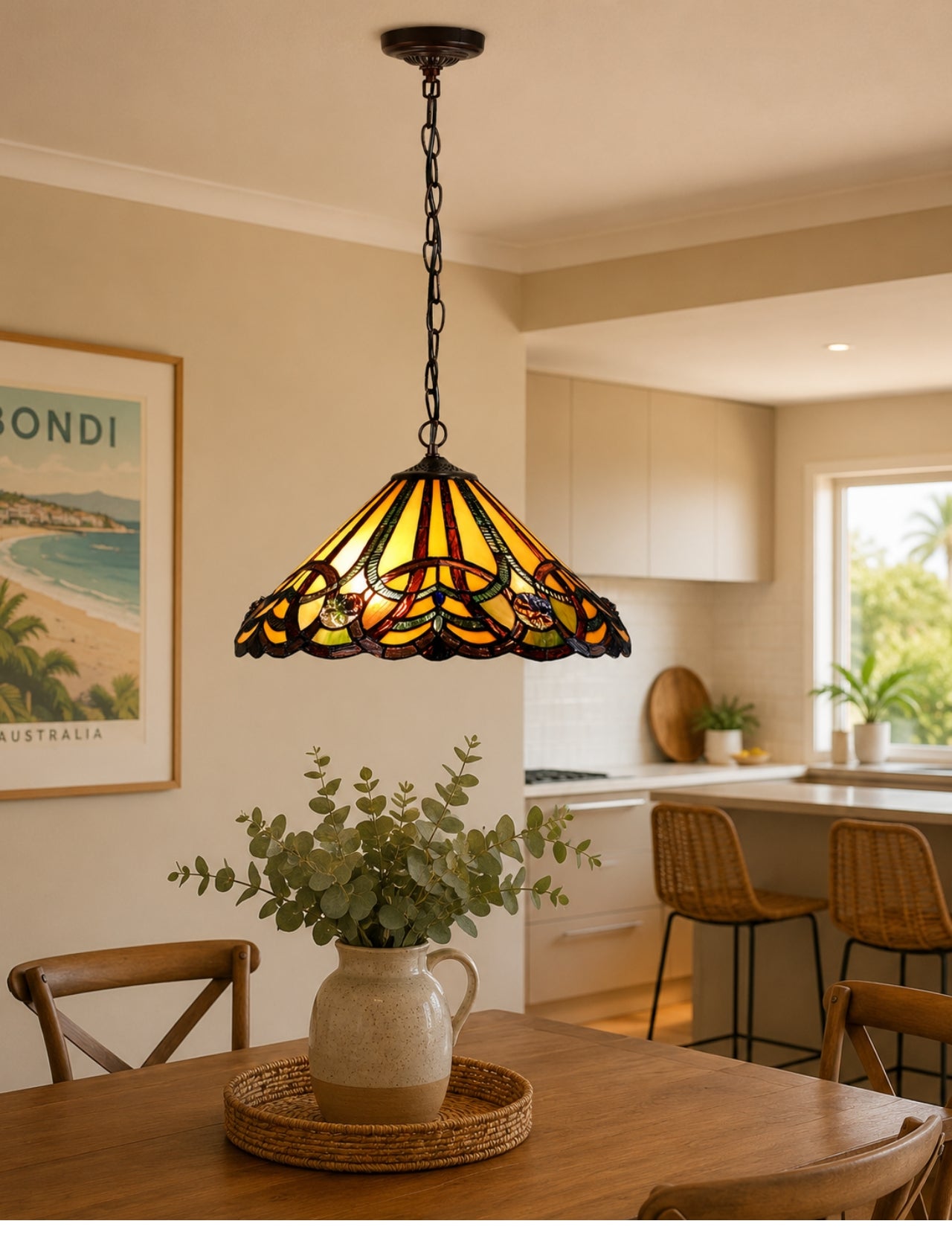 16" Victorian Style Vintage Tiffany Stained Glass Pendant Light