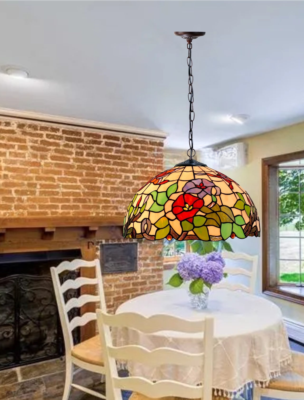 16" Butterfly Flower Stained Glass Tiffany Pendant Light