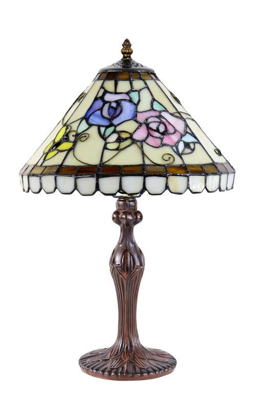 12" Tiffany Pink Rose Stained Glass Table Lamp with Fluted Art Nouveau Base