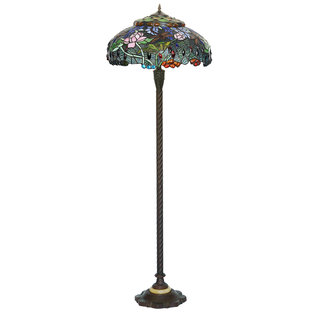 20" Dragonfly & Lotus Tiffany Style Floor Lamp – Handcrafted Stained Glass Art Lamp