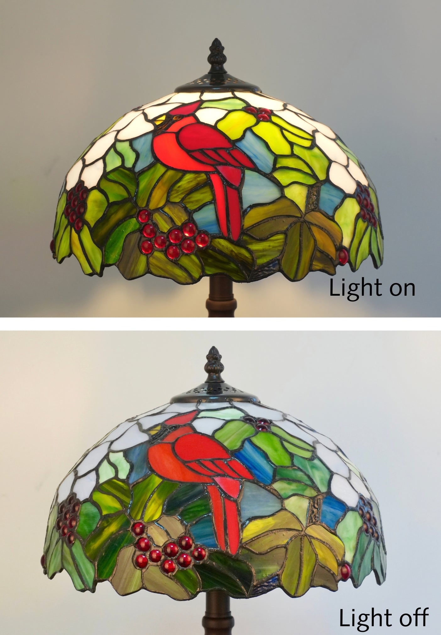 12" Red Cardinal Bird Stained Glass TiffanyBedside Lamp