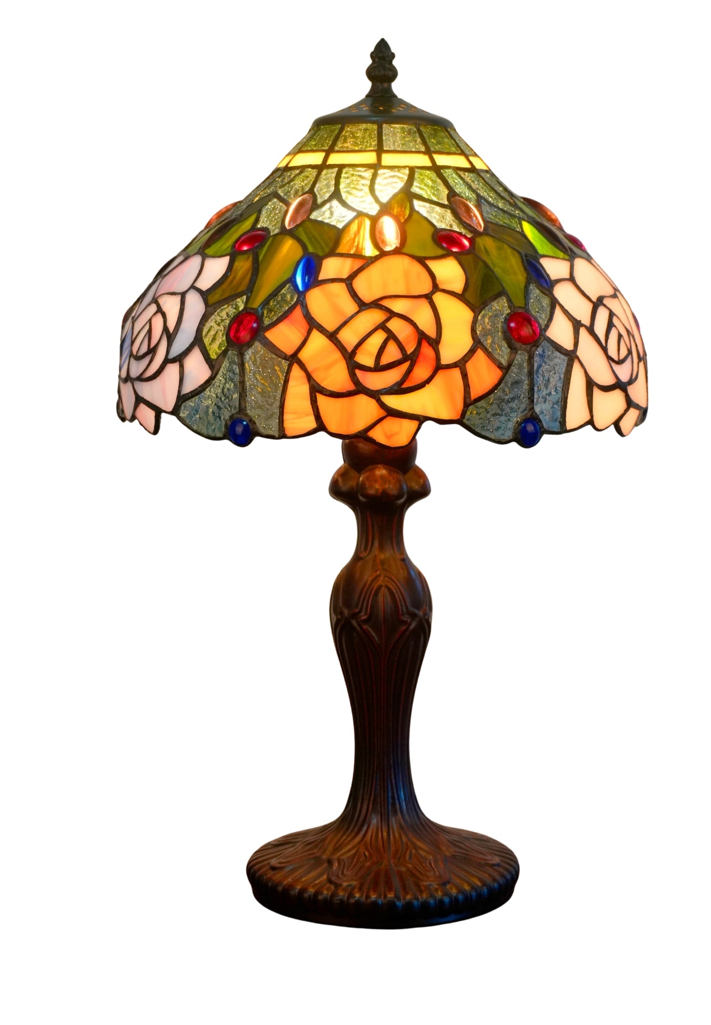 12" Amber Rose Stained Glass Tiffany Bedside Lamp