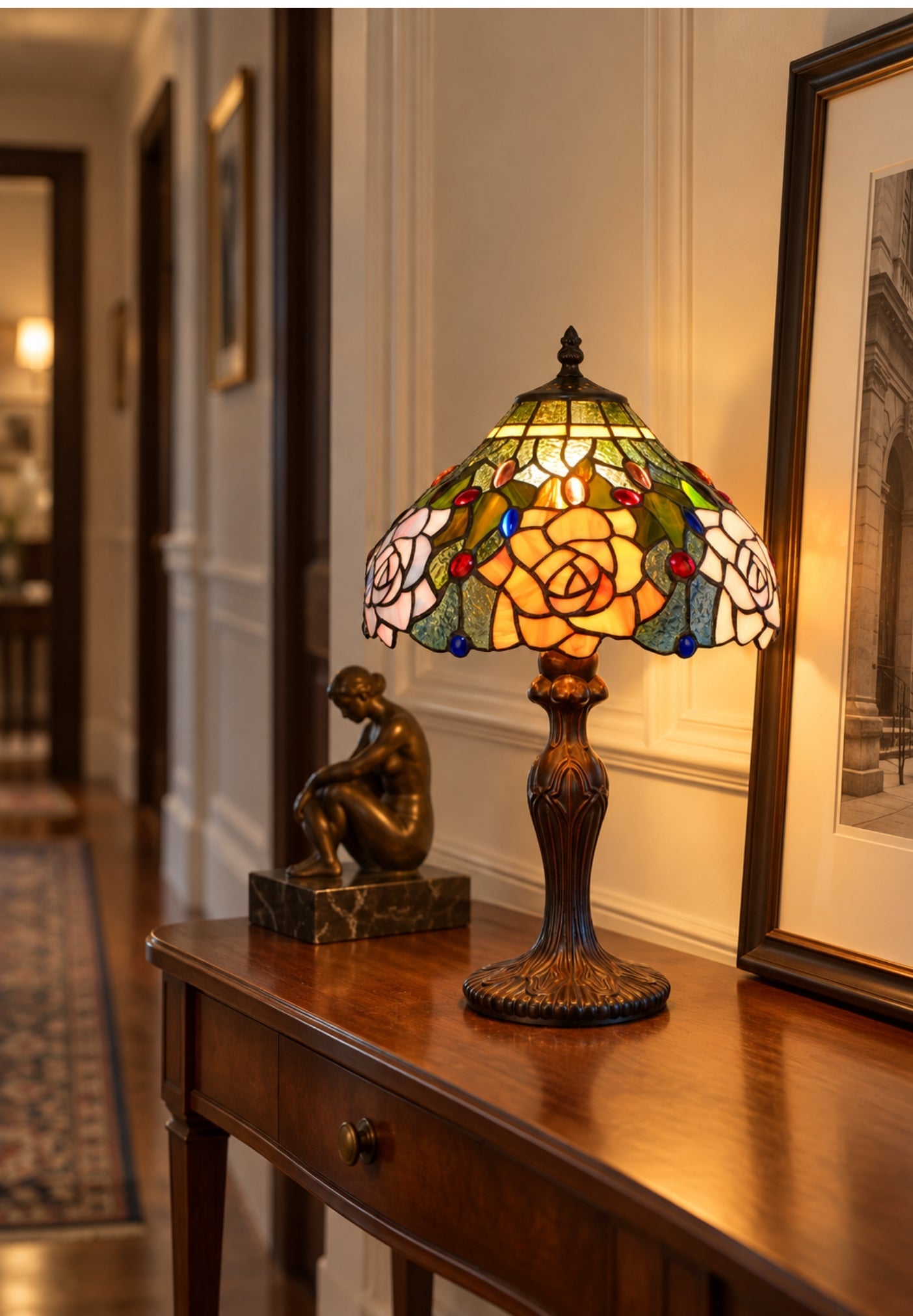 12" Amber Rose Stained Glass Tiffany Bedside Lamp