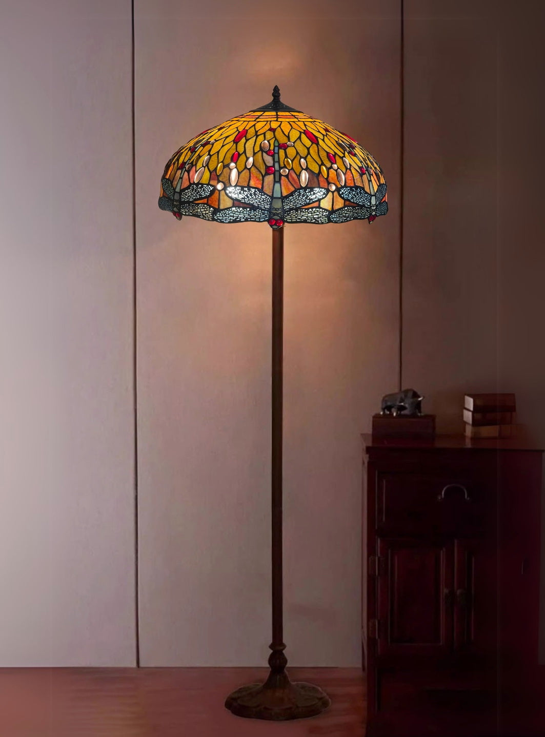 Traditional High Quality 18" Dragonfly  Stained Glass Tiffany Floor Lamp