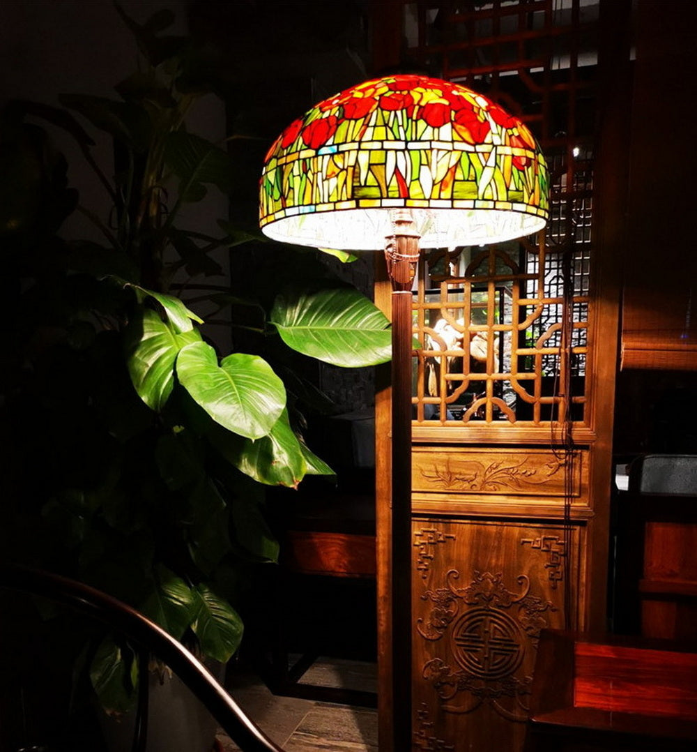 20" Dragonfly & Lotus Tiffany Style Floor Lamp – Handcrafted Stained Glass Art Lamp