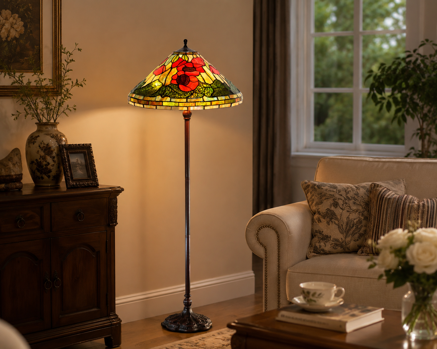 Traditional Reproduction Huge 20" Red Poppy Tiffany Floor Lamp