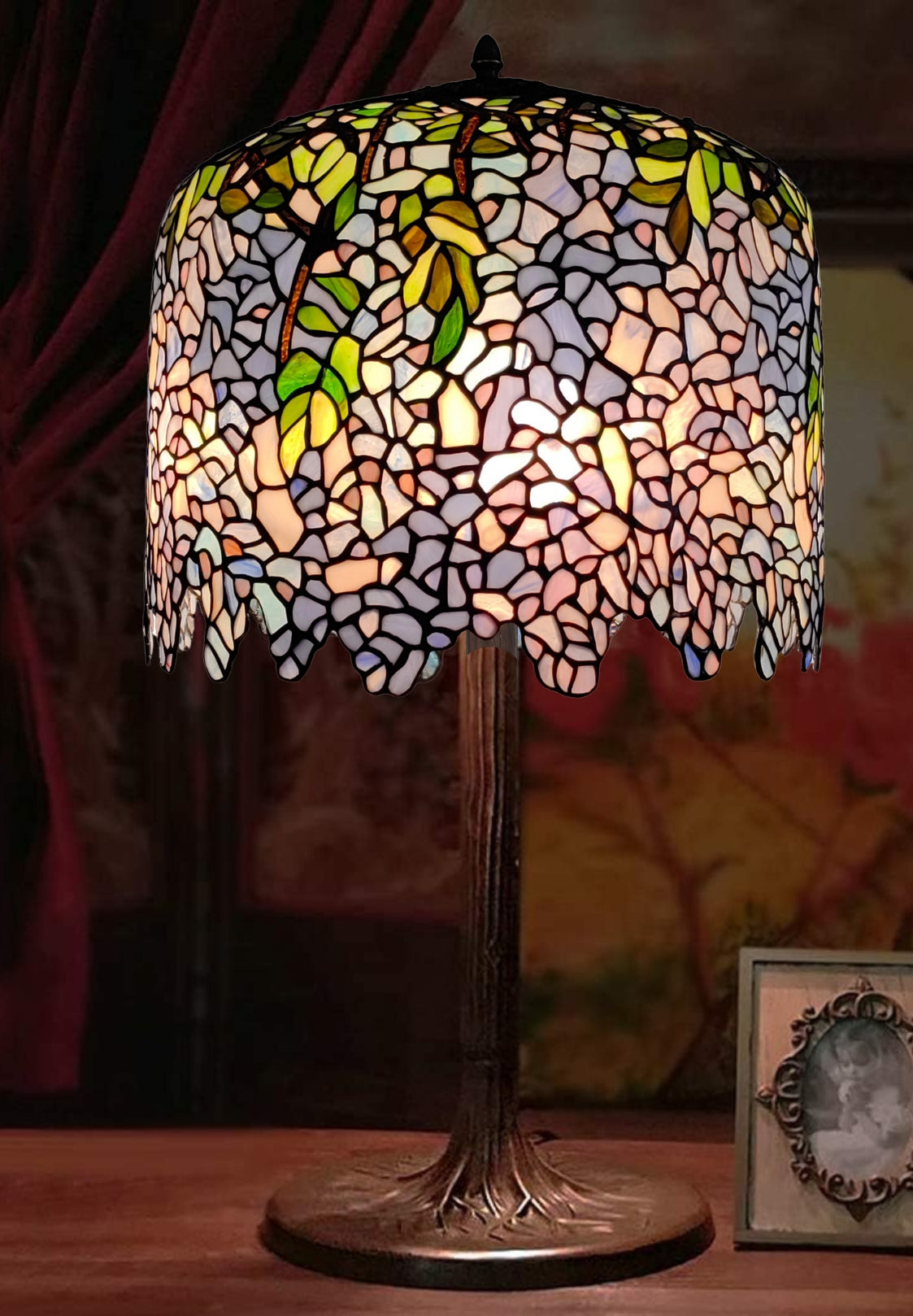 Huge 18" Blue Wisteria Tiffany Stained Glass Table Lamp with Trunk Base* only 1