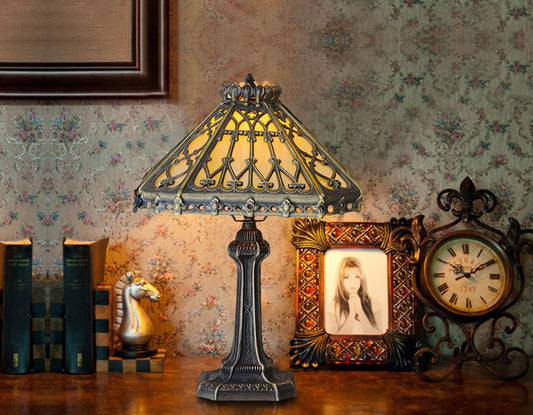 14" Retro Square Stained Glass Tiffany Style Table Lamp with Zinc Alloy Base