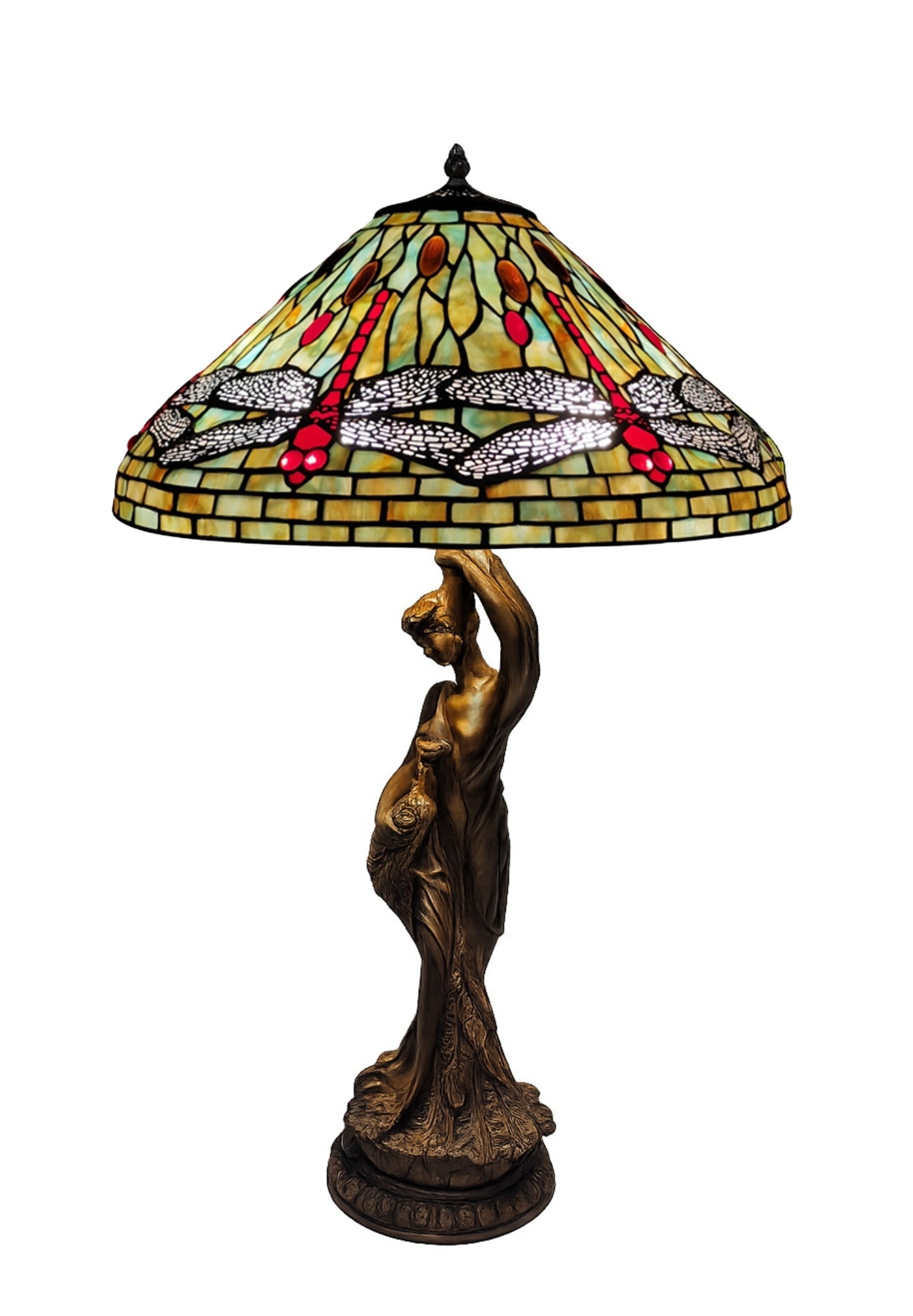 Huge 20" Tiffany Style Dragonfly Table Lamp – Art Nouveau Lady Sculpture Base