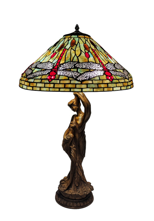Huge 20" Tiffany Style Dragonfly Table Lamp – Art Nouveau Lady Sculpture Base