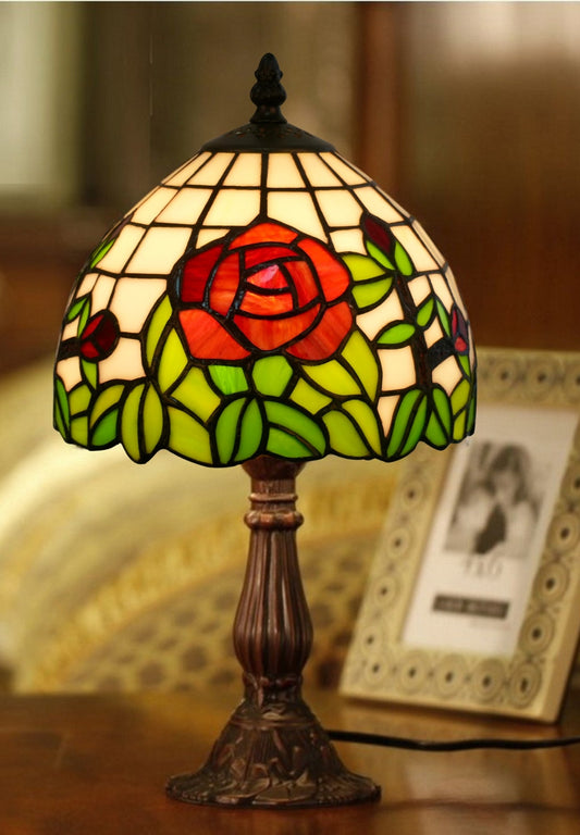 Elegant  8" Red Rose Style Tiffany Mini Table Lamp