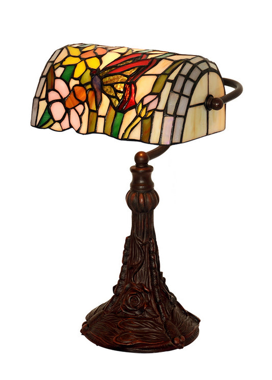 Stunning Stained Glass Tiffany Banker Lamp*Butterfly dances Among Flowers