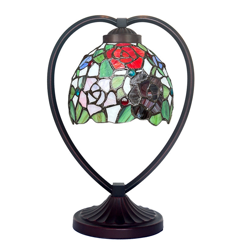 Rose Tiffany Style Stained Glass Table Lamp with Heart-shaped Metal Base