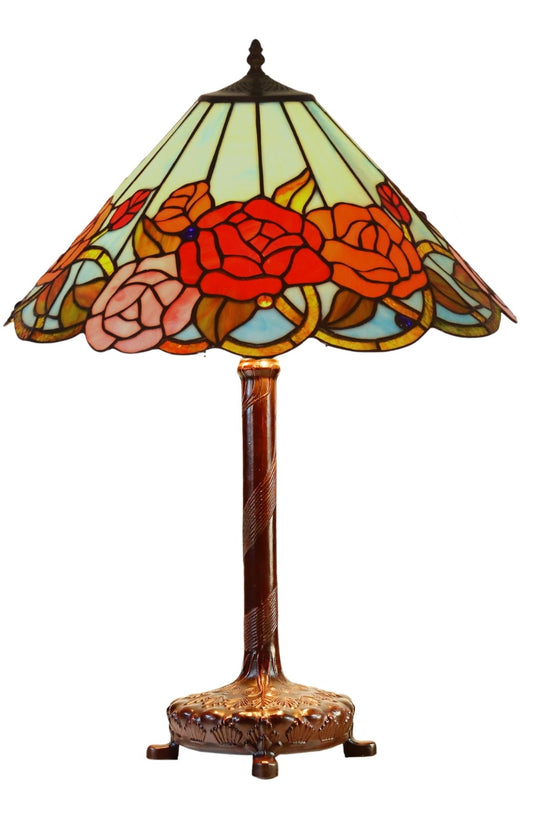 18" Tiffany Style Red Rose Stained Glass Table Lamp – Art Nouveau Floral Design