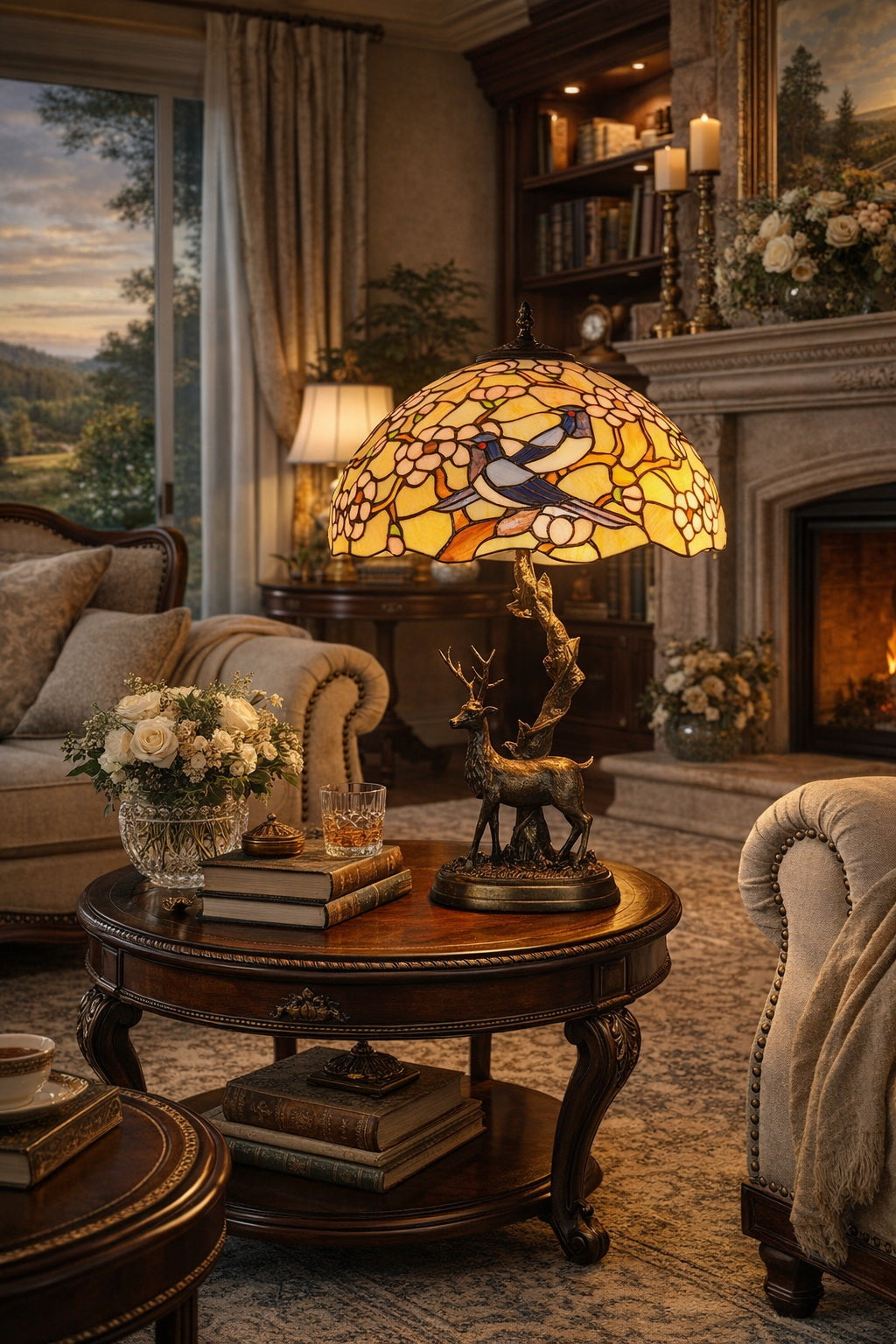 16" Large Tiffany Table Lamp – Birds & Plum Blossom Shade with Reindeer Sculpture Base