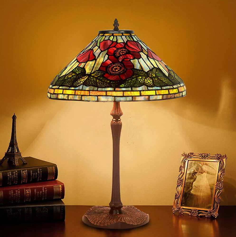 Legend Collection@Large 16" Poppy Flower Stained Glass Tiffany Table Lamp