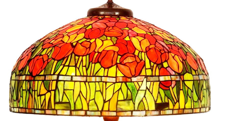 Huge 20" Red Tulip  Stained Glass Tiffany Table Lamp with Lady peacock Base