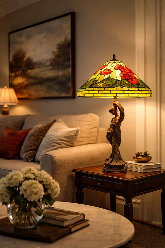Huge 20" Tiffany Style Poppy Table Lamp – Art Nouveau Lady Sculpture Base