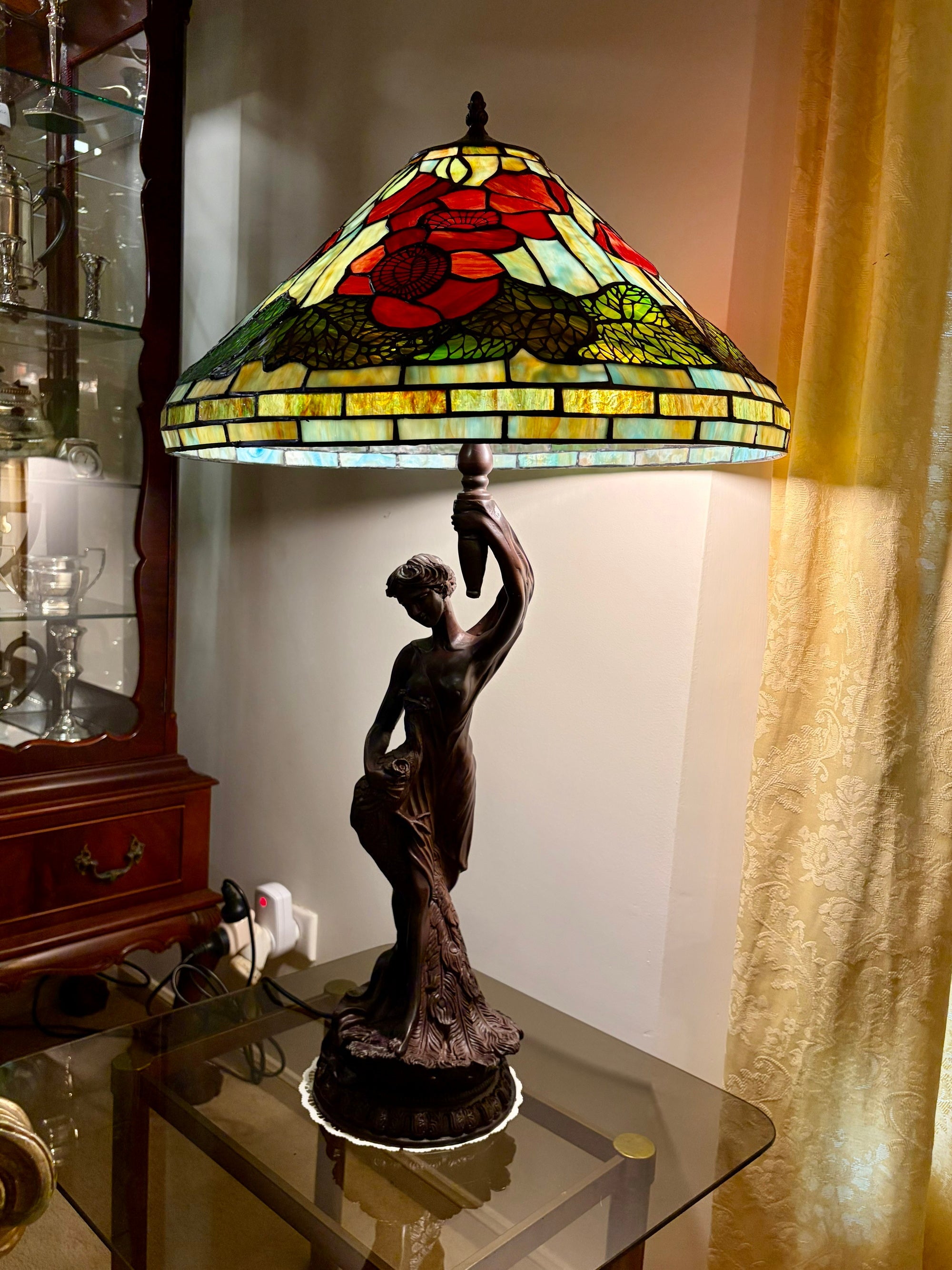 Huge 20" Tiffany Style Poppy Table Lamp – Art Nouveau Lady Sculpture Base