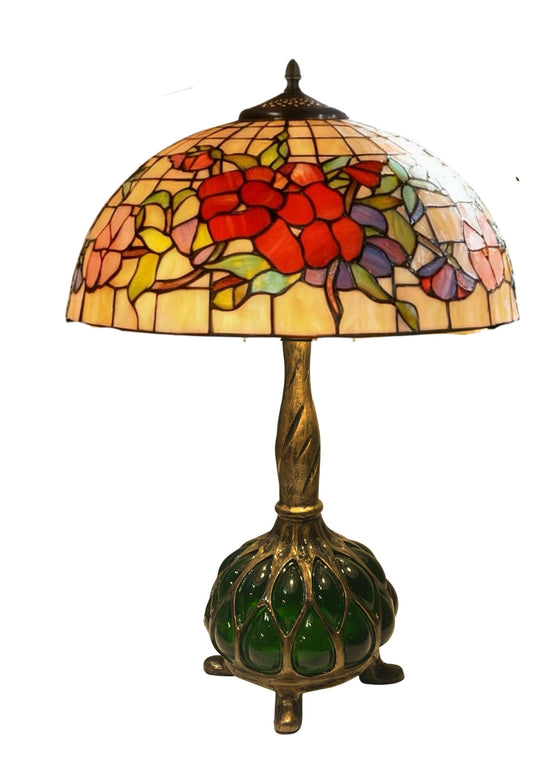 Legend Collection 16" Tiffany Pansy Stained Glass Table Lamp with Unique Green Accent Base