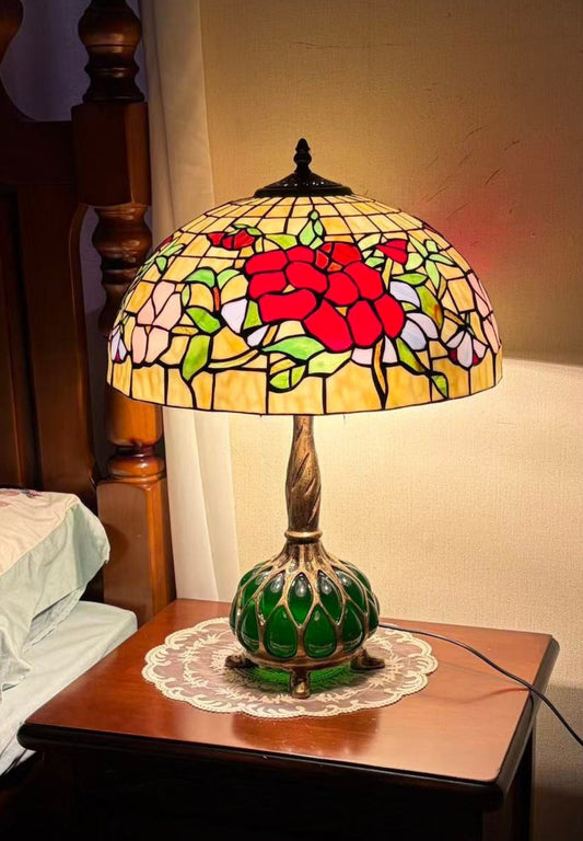 Legend Collection 16" Tiffany Pansy Stained Glass Table Lamp with Unique Green Accent Base