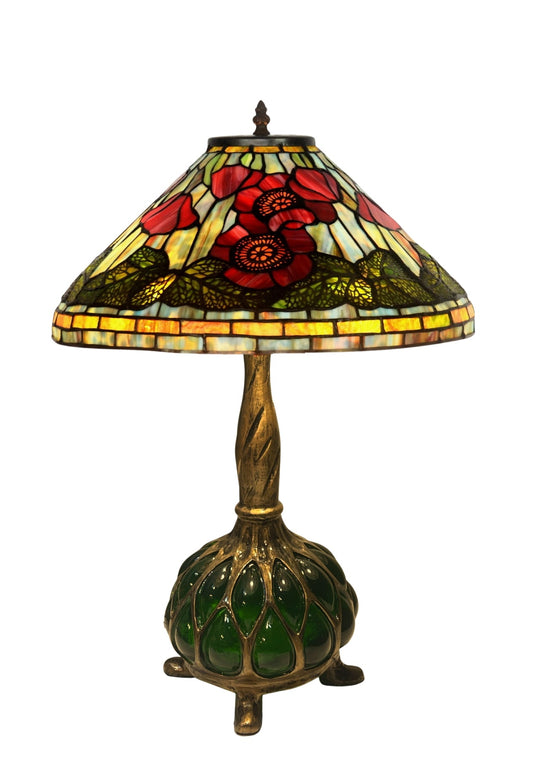Legend Collection 16" Poppy Floral Tiffany Table Lamp with Green Uniqe Base