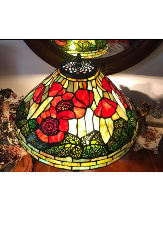 Legend Collection 16" Poppy Floral Tiffany Table Lamp with Green Uniqe Base