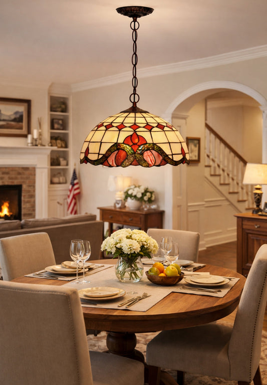 Large 16" Red Baroque Style Stained Glass Cafe Tiffany Hanging Light