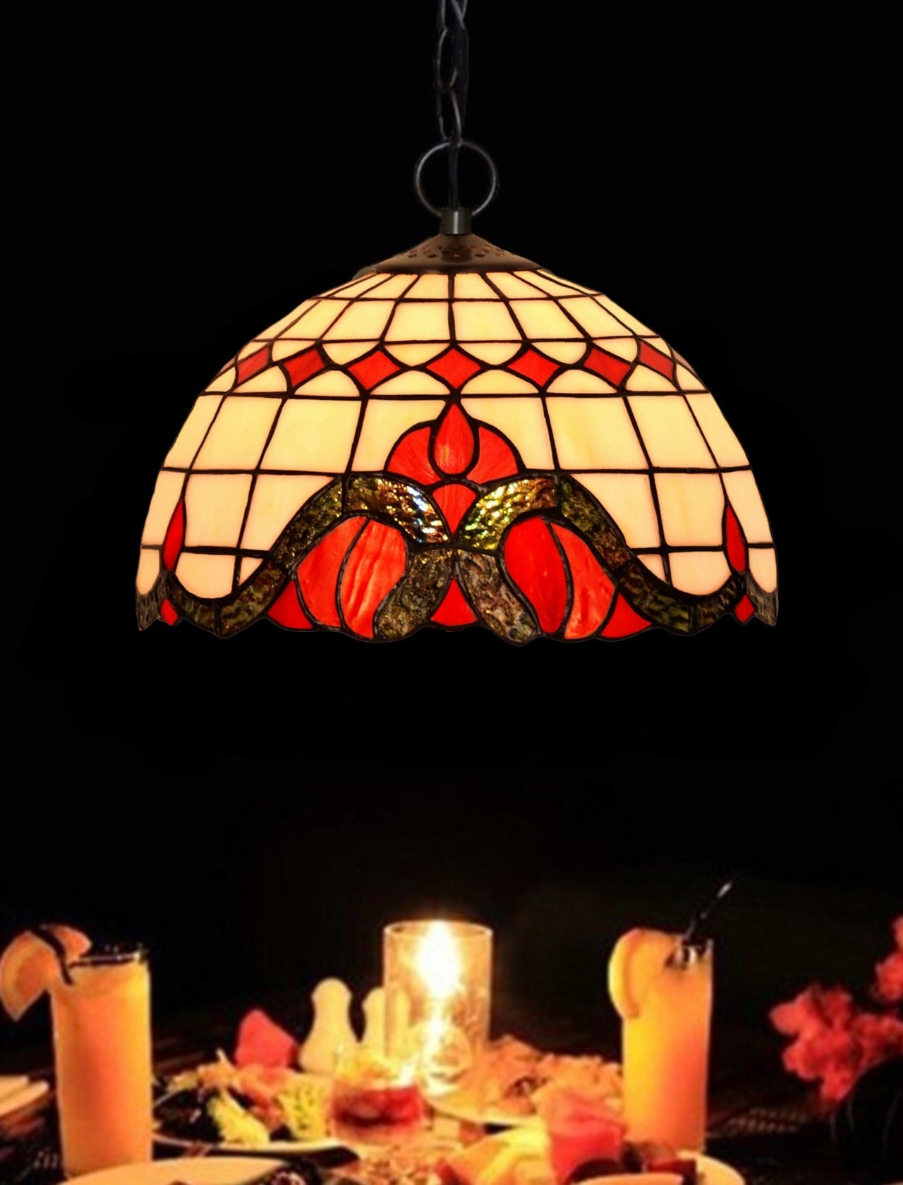 12" Red Art Nouveau Stained Glass Tiffany Pendant Light