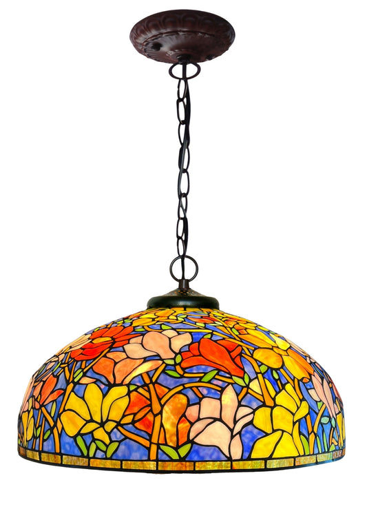 Huge 22" Magnolia Flower Stained Glass Tiffany Hanging Light