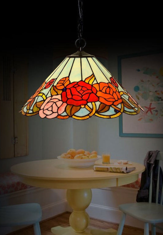 Large 18" Wide Vintage Style Red Rose Stained Glass Leadlight Tiffany Pendant Light