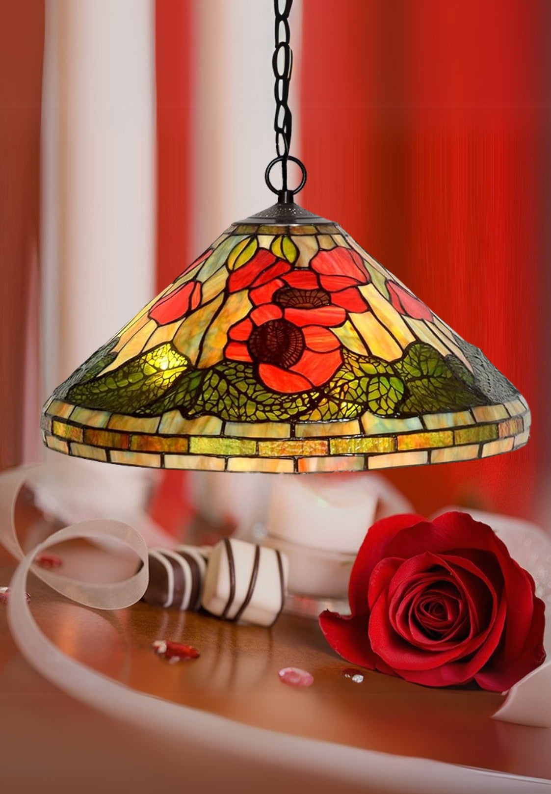 Huge 20" Poppy Flower Stained Glass Tiffany Hanging Light