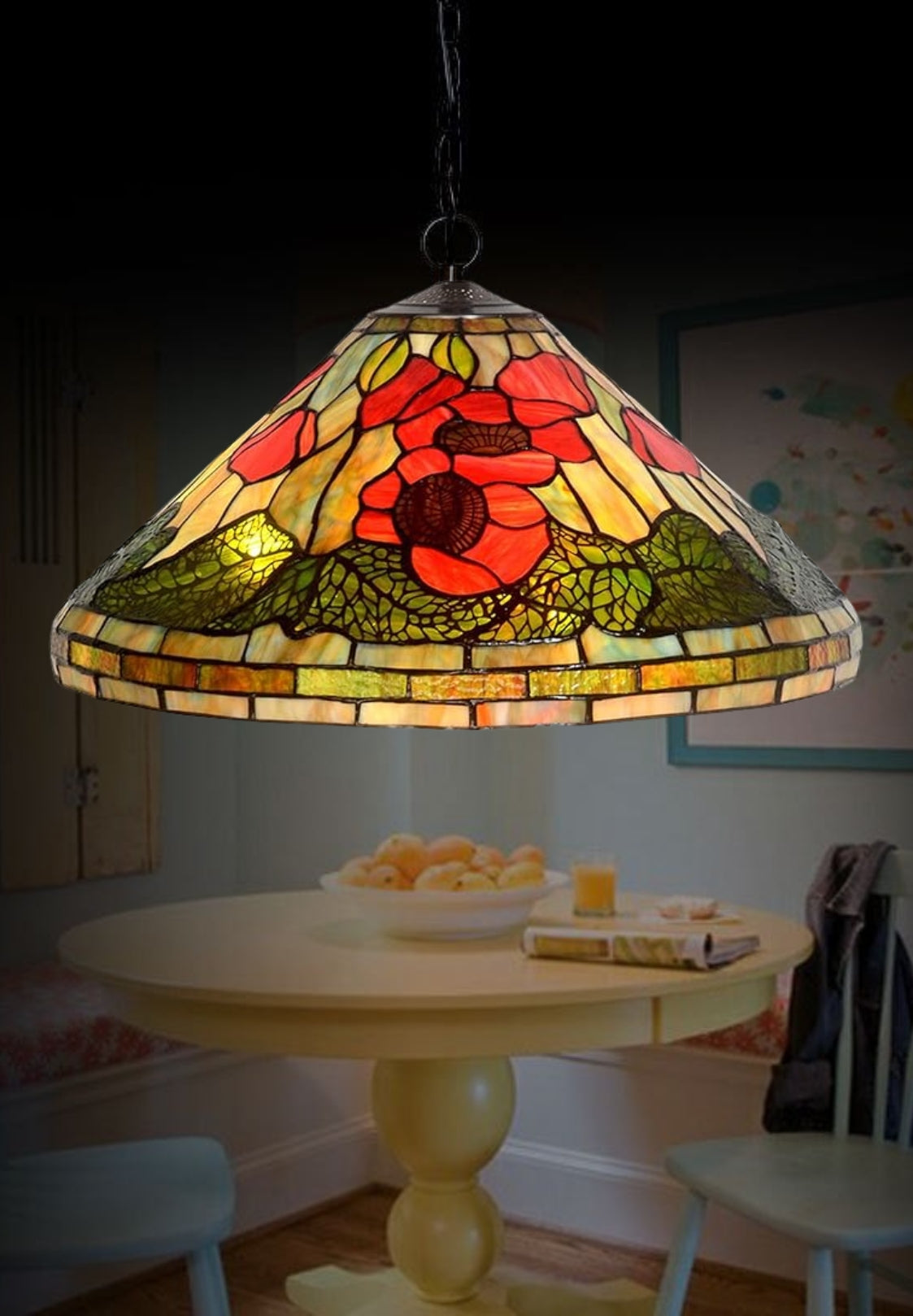 Huge 20" Poppy Flower Stained Glass Tiffany Hanging Light