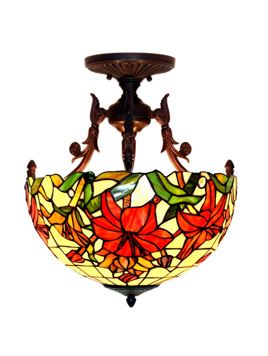 16 “ Large Elegant Red Lily Tiffany Semi Flush Mount Ceiling Light