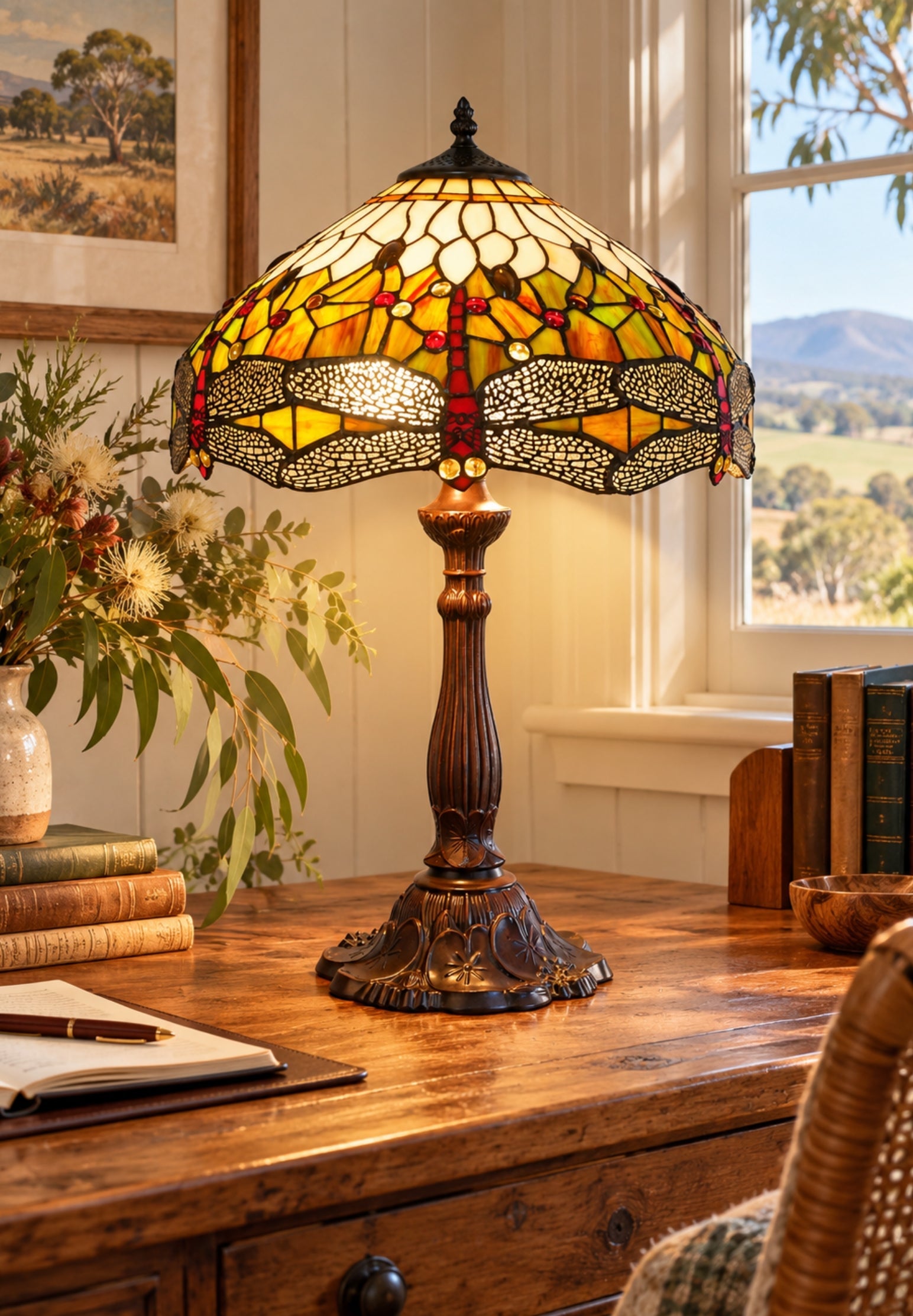 Premium 16" Amber Dragonfly Tiffany Style Table Lamp with Filigree Wings